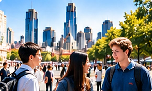 Students talking together in Melbourne with the city skyline behind them