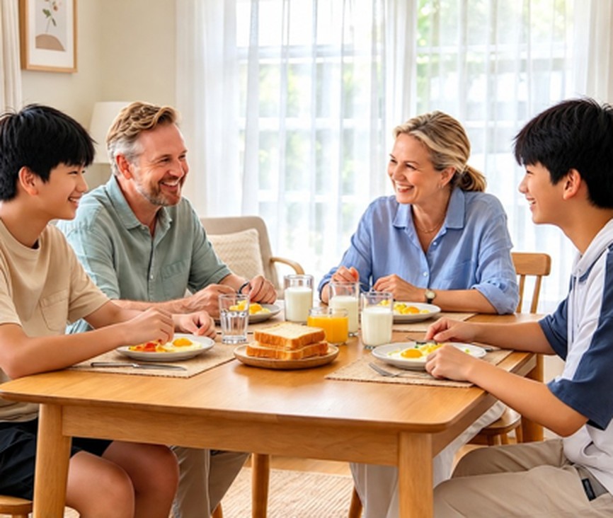 International students having breakfast with their Australian homestay family