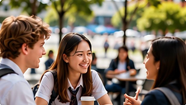 Students chatting at an outdoor café